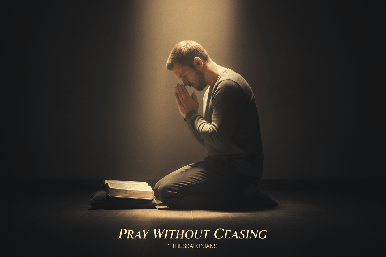Man kneeling in prayer with open King James Bible — 1 Thessalonians 5:17 KJV Pray Without Ceasing, warm faith blog hero image