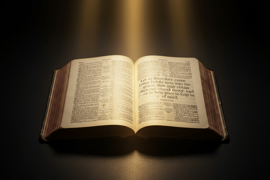 Open King James Bible with Hebrews 4:16 — Come Boldly to the Throne of Grace, warm golden light, reverent faith blog hero image