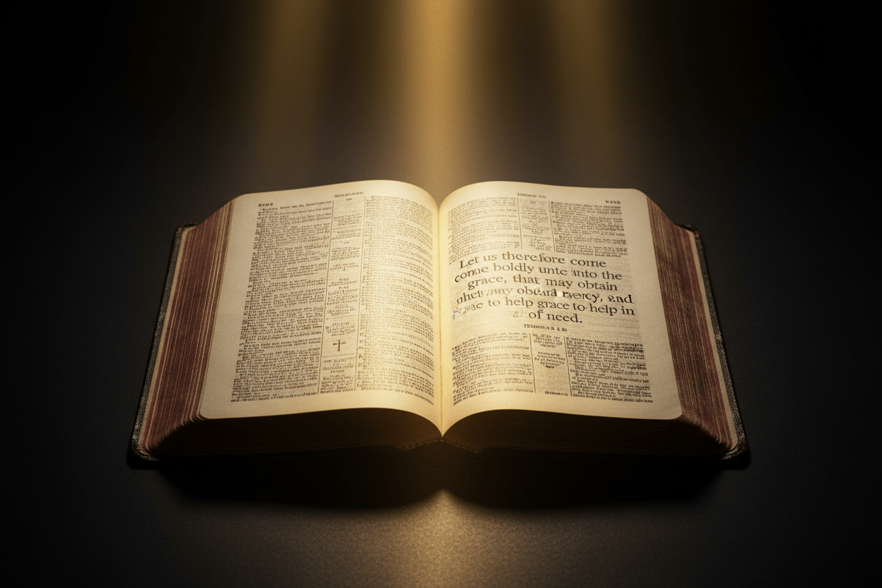 Open King James Bible with Hebrews 4:16 — Come Boldly to the Throne of Grace, warm golden light, reverent faith blog hero image