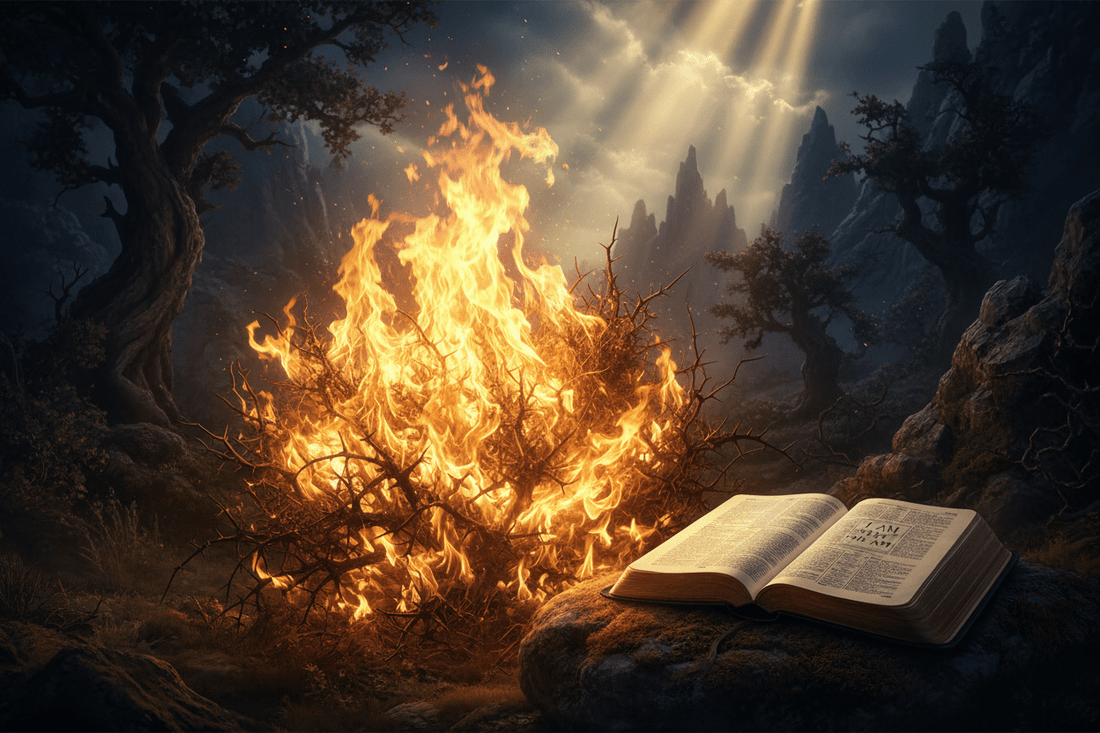 Burning bush with divine golden fire — I Am That I Am KJV Exodus 3:14, dramatic light, faith blog hero image