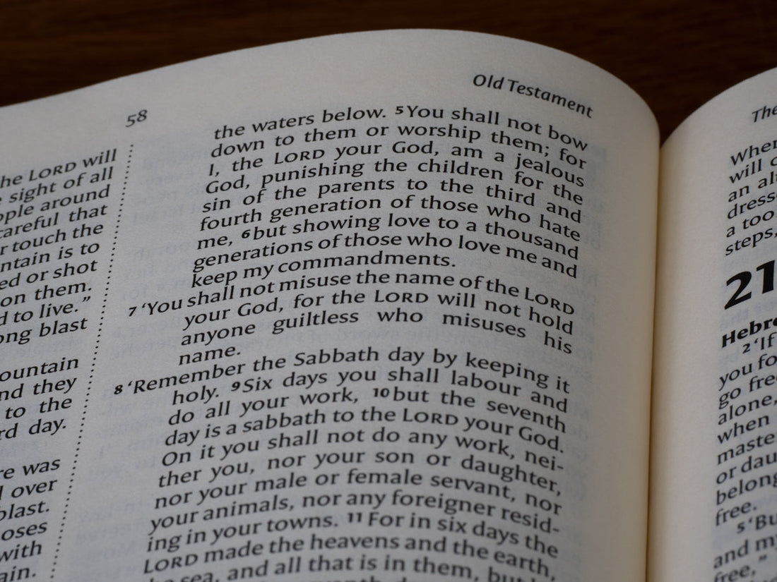 Close-up of an open bible showing text from old testament.