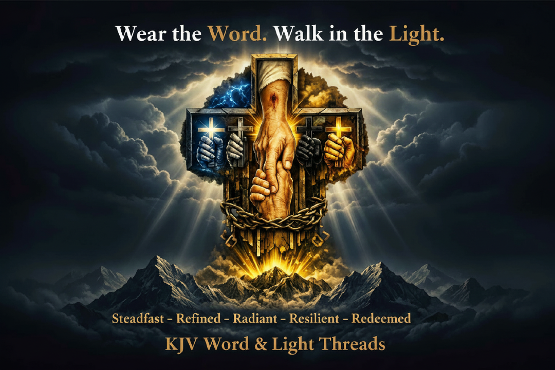 Dark dramatic Christian-themed graphic featuring a large cross enveloped in radiant gold and navy light, two hands clasped through the cross symbolizing faith and redemption, surrounded by glowing clouds and mountain silhouettes, with the text "Wear the Word. Walk in the Light." and descriptive words emphasizing steadfastness and resilience, reflecting a bold KJV scripture-inspired aesthetic.