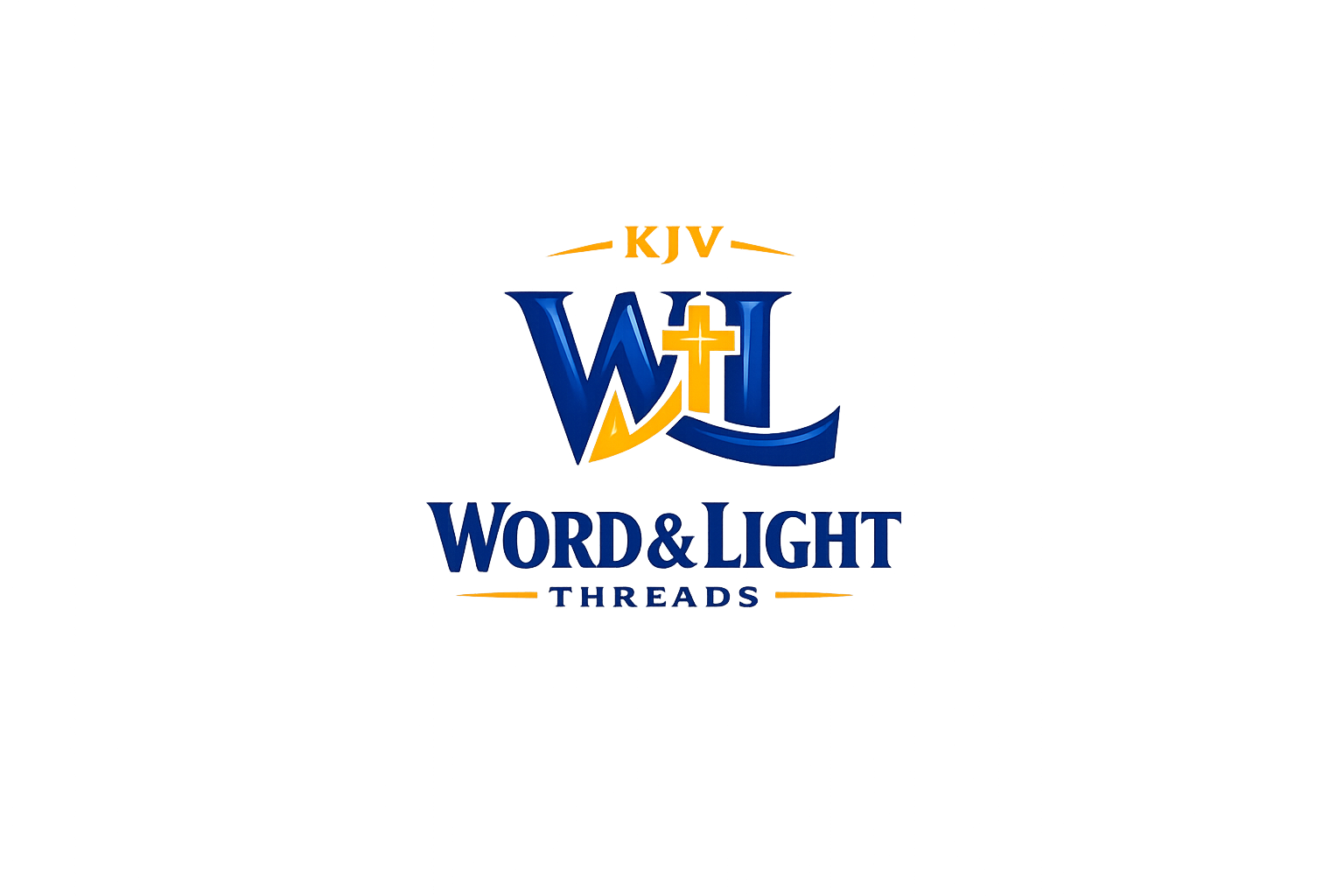 Logo design with intertwined navy blue letters "W" and "L," featuring a gold cross integrated with a swoosh, above the navy blue text "Word & Light" and smaller gold script, reflecting a bold, reverent KJV-inspired faith brand aesthetic.