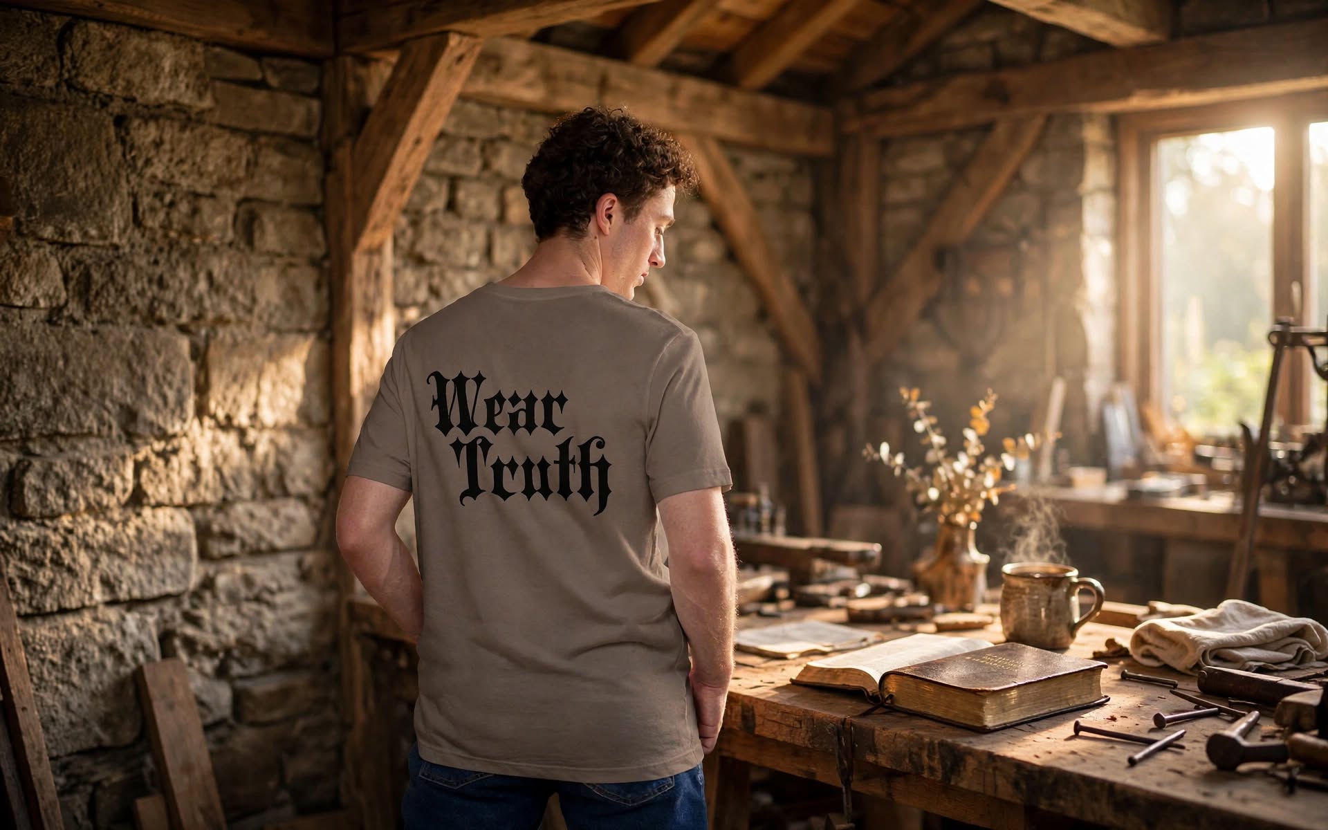 A man stands with his back to the camera in a rustic stone workshop, wearing a taupe-gray t-shirt with the words 'Wear Truth' printed in a black gothic font on the back. The room features wooden beams, a workbench with tools, and warm sunlight streaming in from a window.