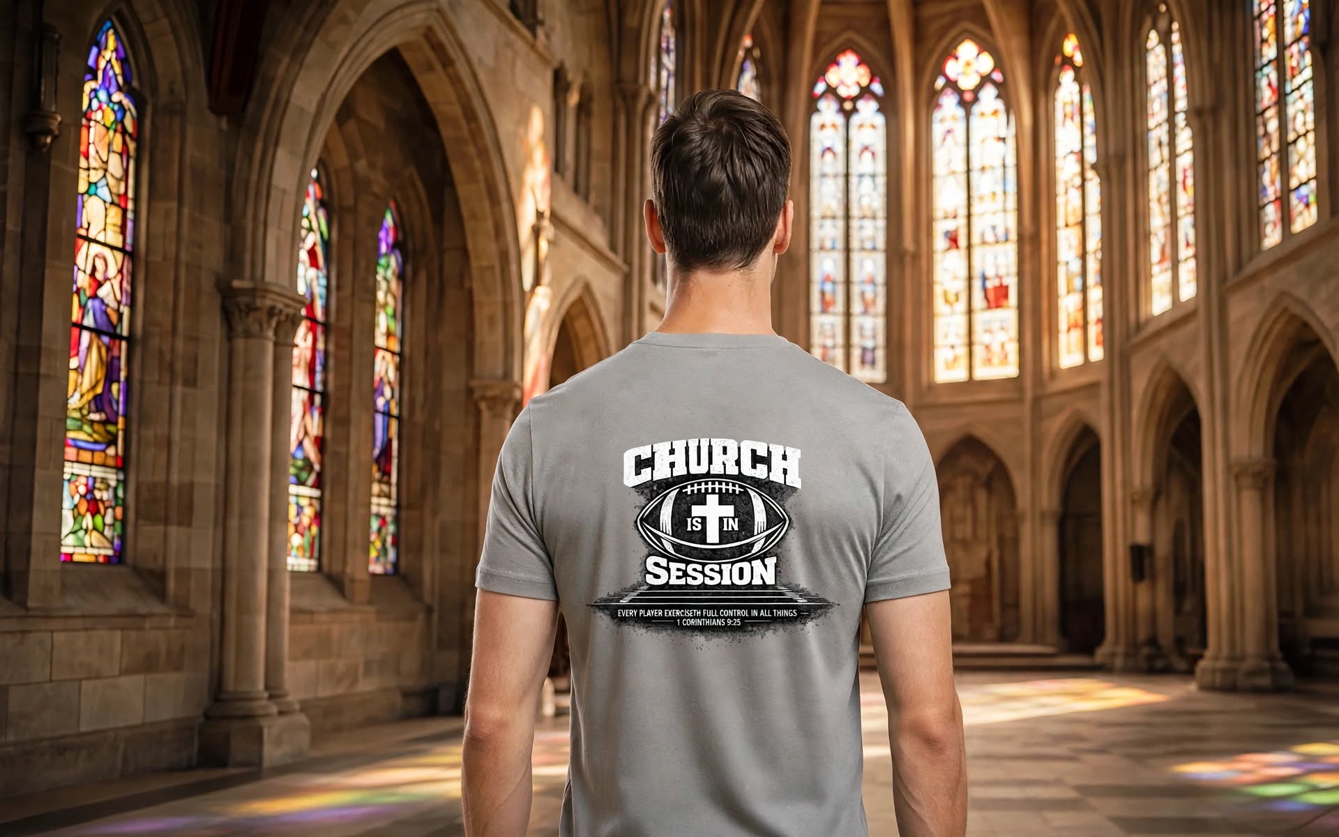 A man viewed from behind wearing a gray t-shirt with a 'CHURCH SESSION' graphic printed on the back, standing inside a grand cathedral with stained glass windows.