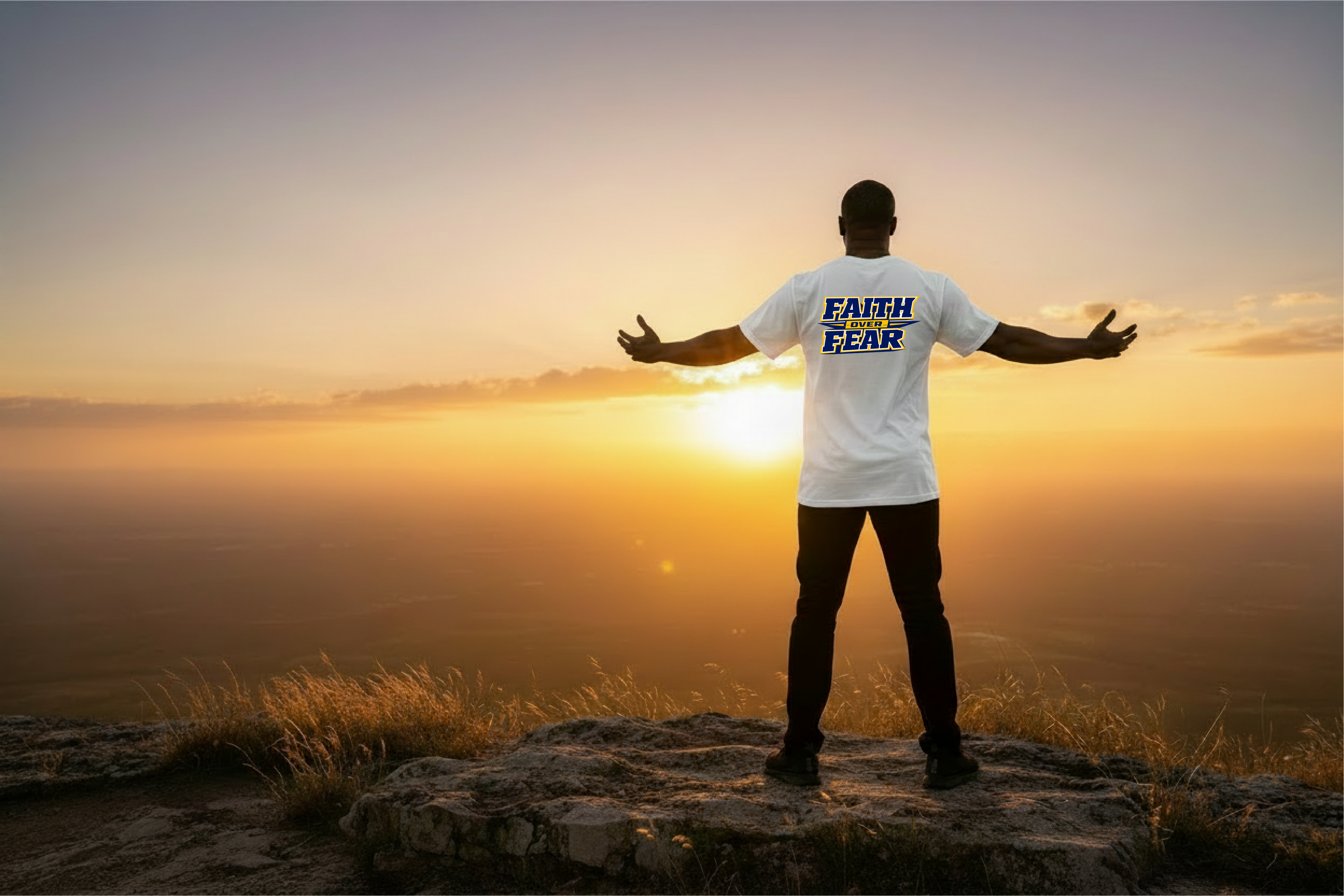 Man wearing a KJV Fear Not Isaiah 41:10 faith t-shirt, Word & Light Threads Christian scripture apparel