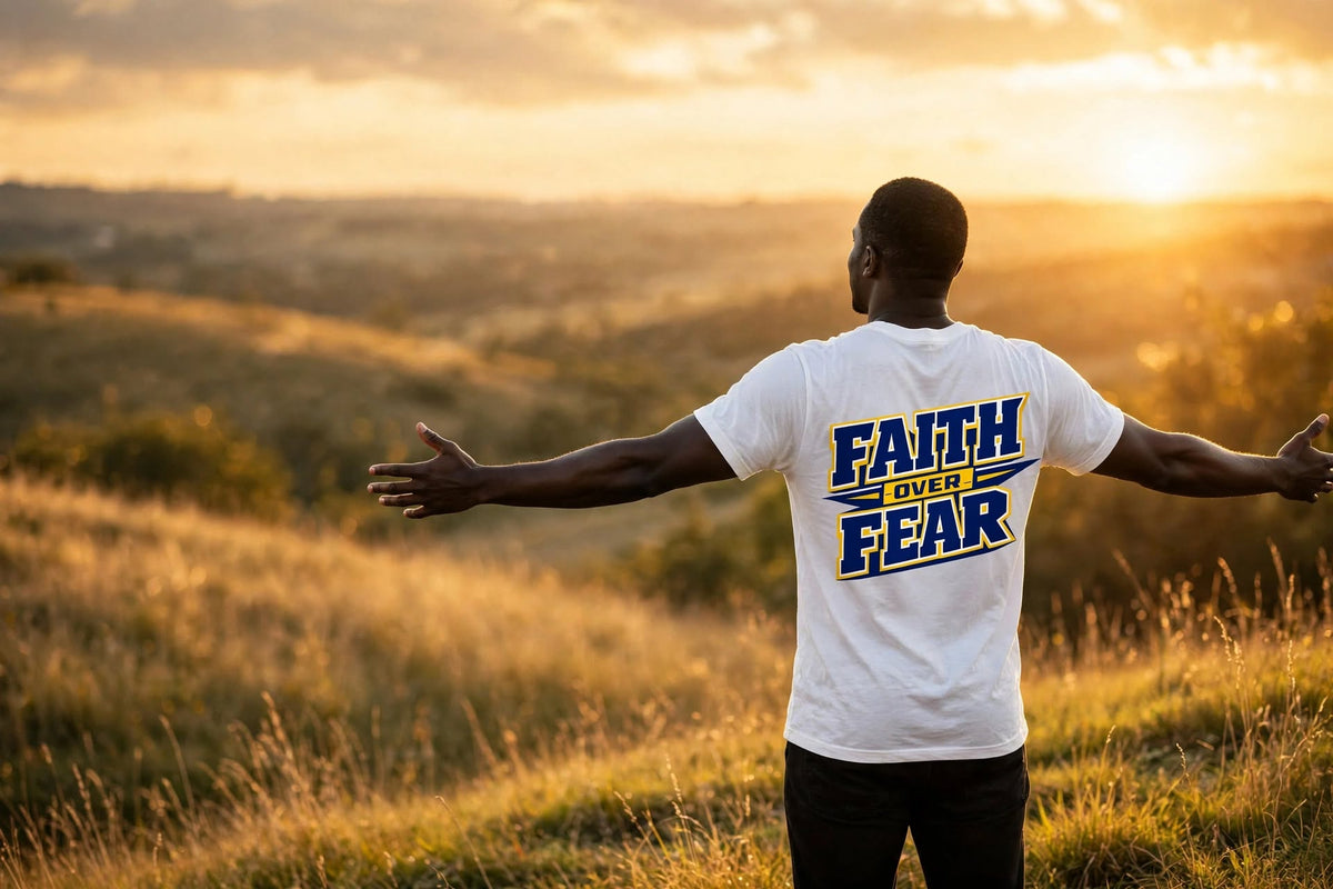 A man stands on a grassy hill at sunset with his arms outstretched, wearing a white T-shirt with 'FAITH OVER FEAR' printed in blue and yellow on the back.