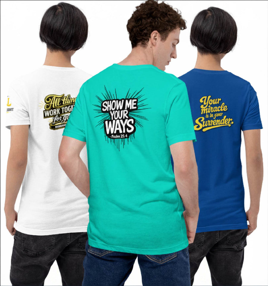 Three men shown from the back wearing graphic t-shirts in white, teal, and blue, each with a different inspirational quote printed in yellow on the back.