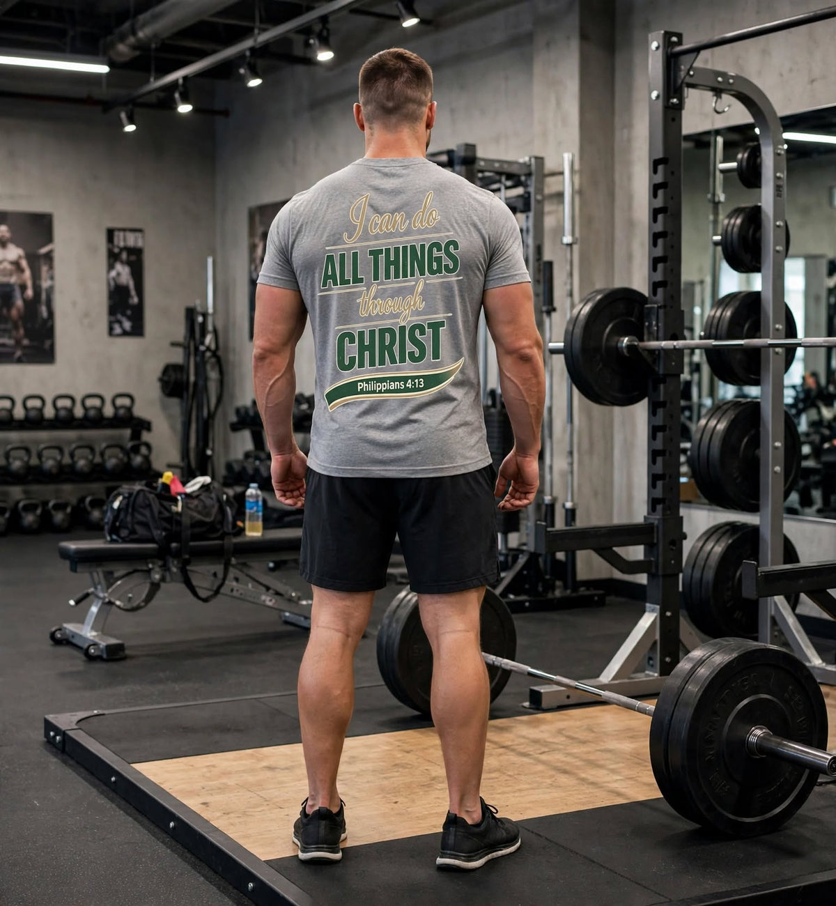 A man viewed from behind in a gym, wearing a heather gray t-shirt with a green and gold graphic that reads 'I love all things through CHRIST Philippians 4:13' on the back, paired with black athletic shorts and black sneakers.