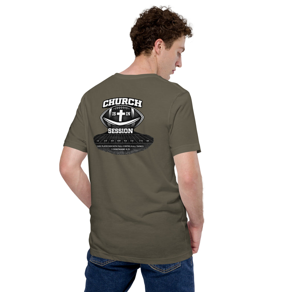 Church Is in Session Full Football Dark | 1 Corinthians 9:25 – KJV Faith Unisex T-Shirt - KJV Word & Light Threads