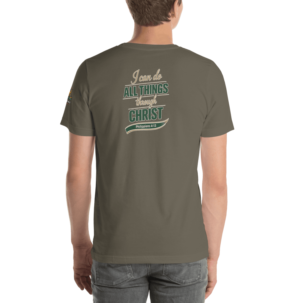 I Can Do All Things Through Christ Which Strengtheneth Me – Philippians 4:13 KJV Christian Unisex T-Shirt | Tan & Green - KJV Word & Light Threads