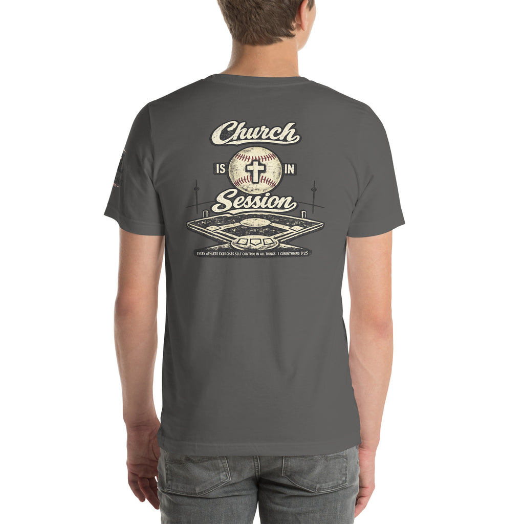 Church Is in Session Baseball Dark | 1 Corinthians 9:25 – KJV Faith Unisex T-Shirt - KJV Word & Light Threads