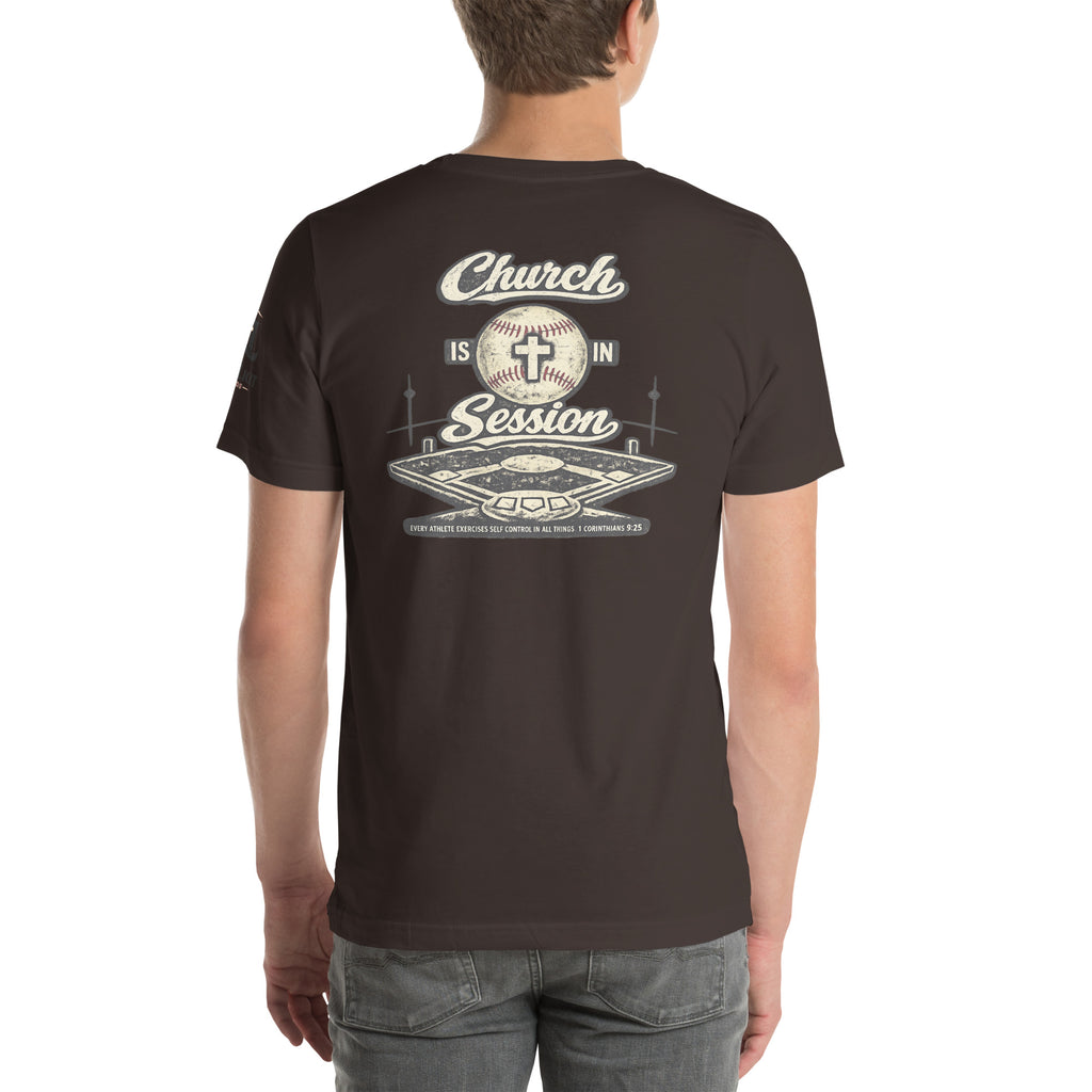 Church Is in Session Baseball Dark | 1 Corinthians 9:25 – KJV Faith Unisex T-Shirt - KJV Word & Light Threads