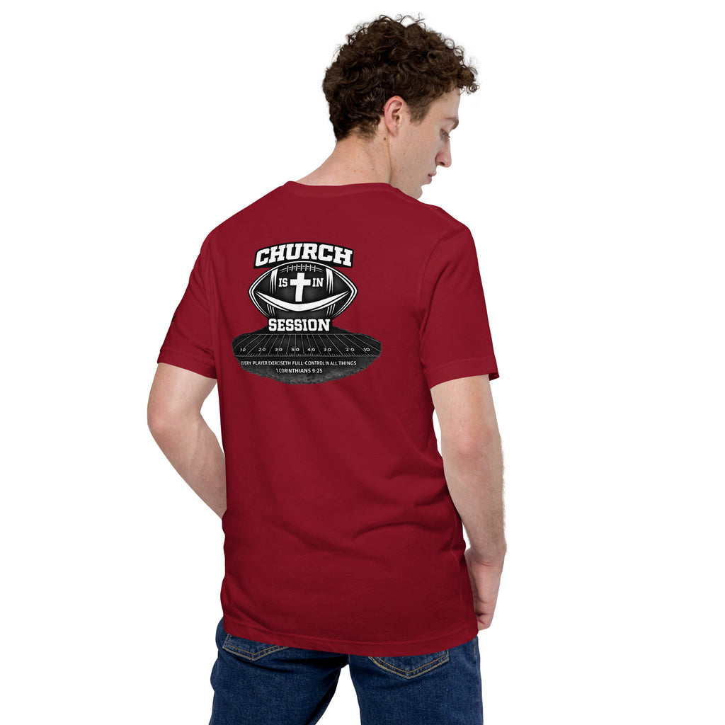 Church Is in Session Full Football Dark | 1 Corinthians 9:25 – KJV Faith Unisex T-Shirt - KJV Word & Light Threads