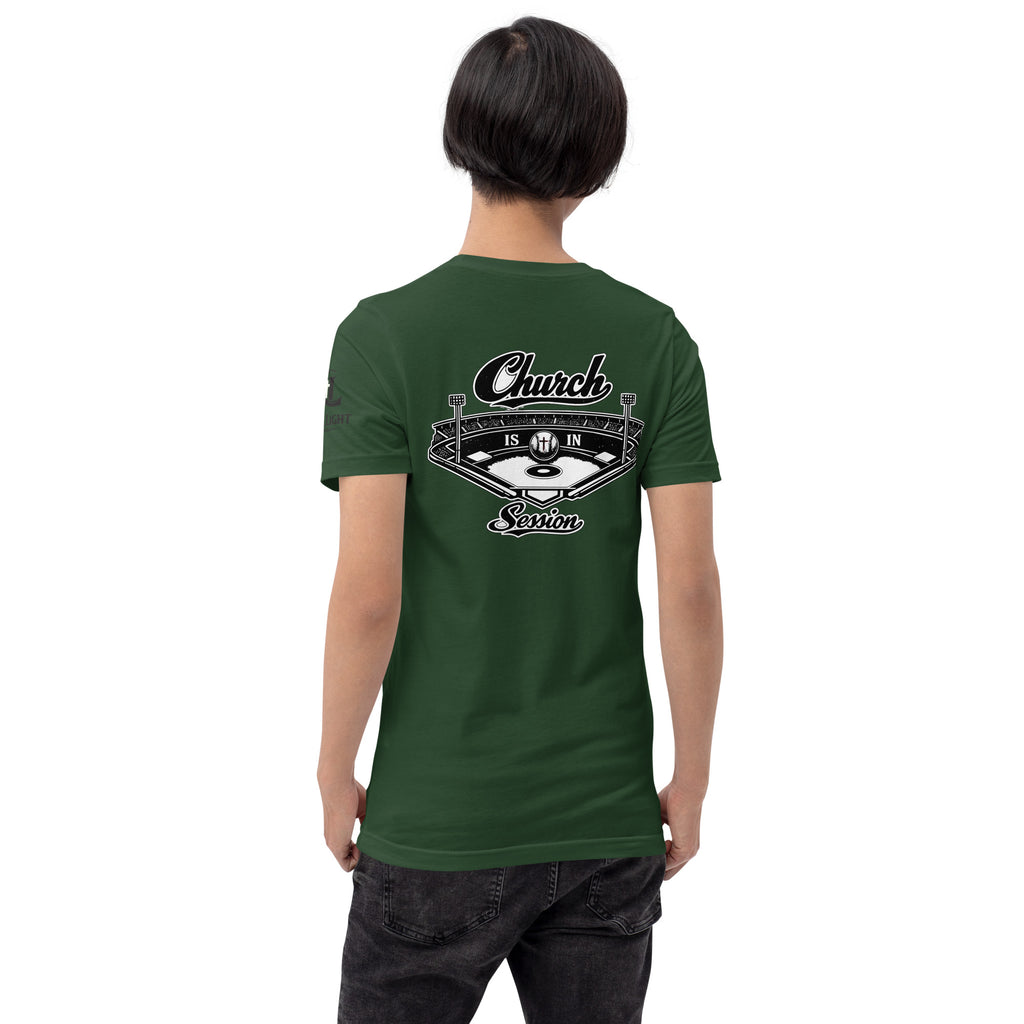 Church Is in Session Baseball II Dark | 1 Corinthians 9:25 – KJV Faith Unisex T-Shirt - KJV Word & Light Threads
