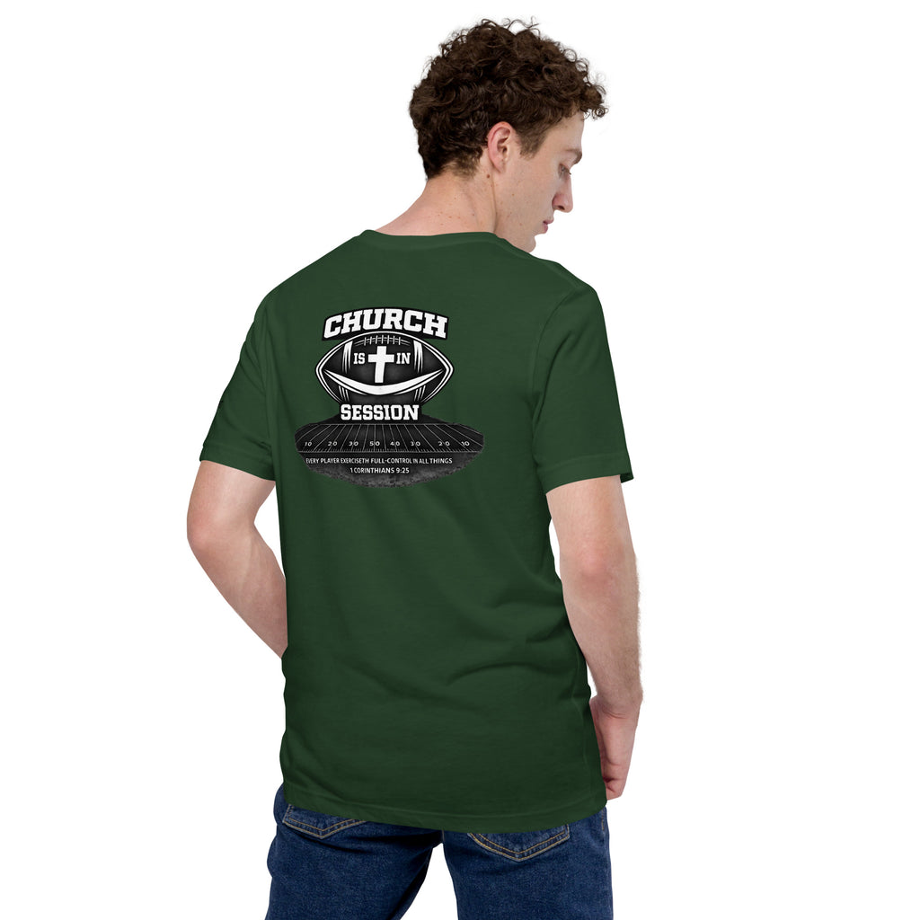 Church Is in Session Full Football Dark | 1 Corinthians 9:25 – KJV Faith Unisex T-Shirt - KJV Word & Light Threads
