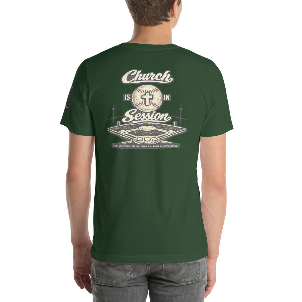 Church Is in Session Baseball Dark | 1 Corinthians 9:25 – KJV Faith Unisex T-Shirt - KJV Word & Light Threads