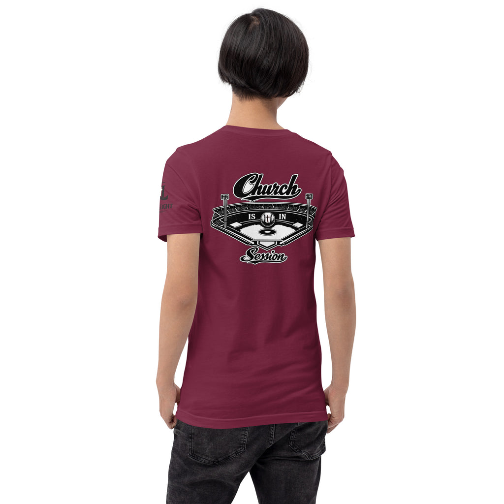 Church Is in Session Baseball II Dark | 1 Corinthians 9:25 – KJV Faith Unisex T-Shirt - KJV Word & Light Threads