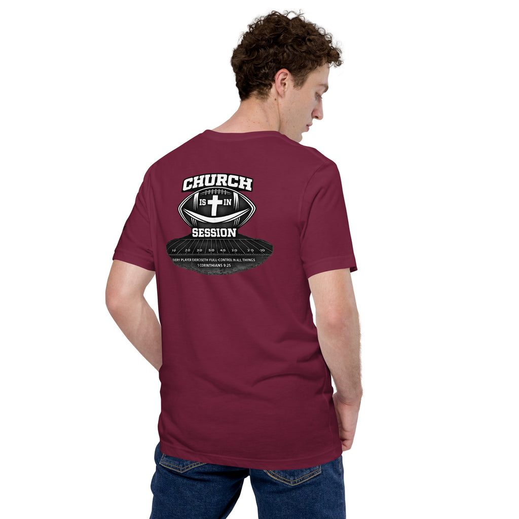 Church Is in Session Full Football Dark | 1 Corinthians 9:25 – KJV Faith Unisex T-Shirt - KJV Word & Light Threads
