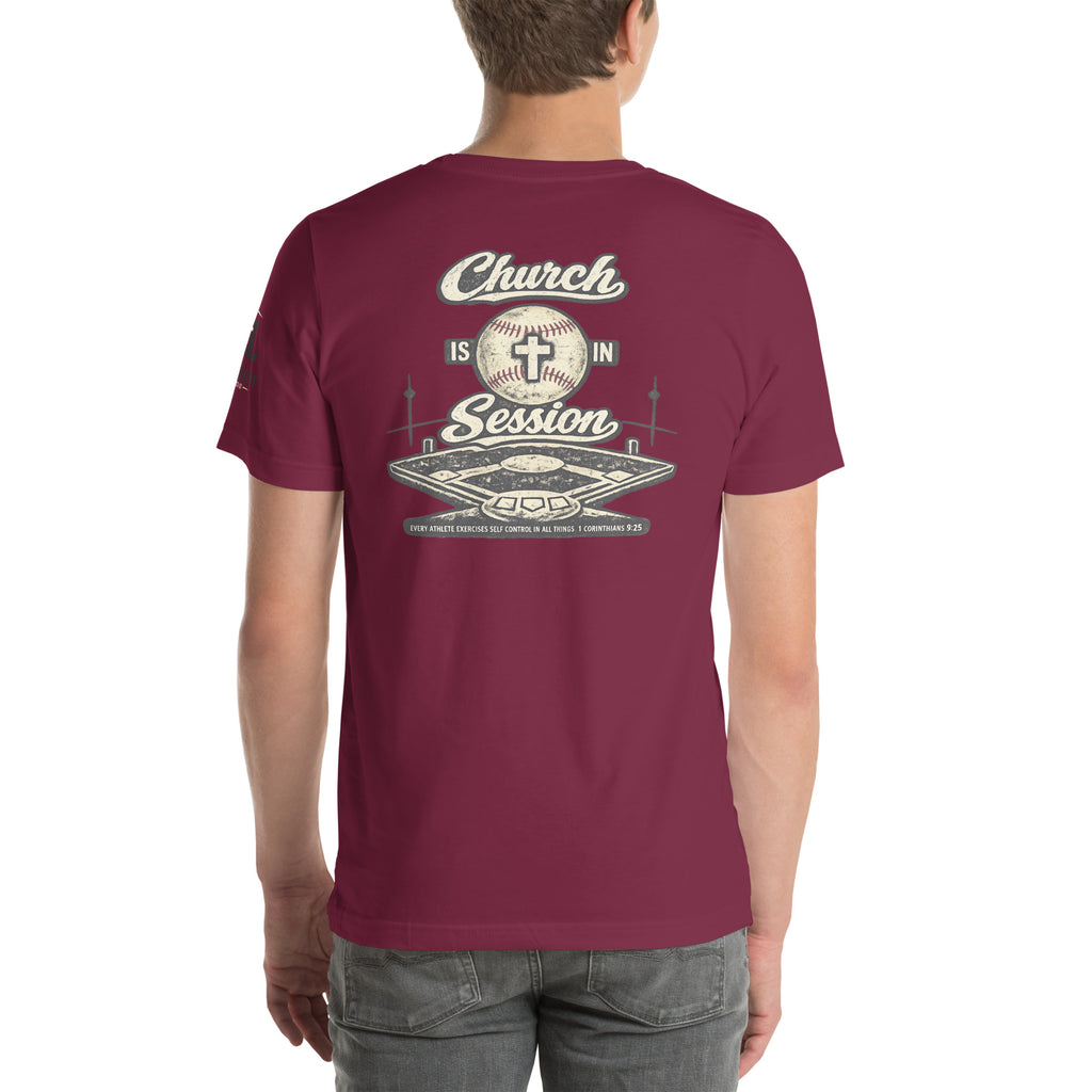 Church Is in Session Baseball Dark | 1 Corinthians 9:25 – KJV Faith Unisex T-Shirt - KJV Word & Light Threads