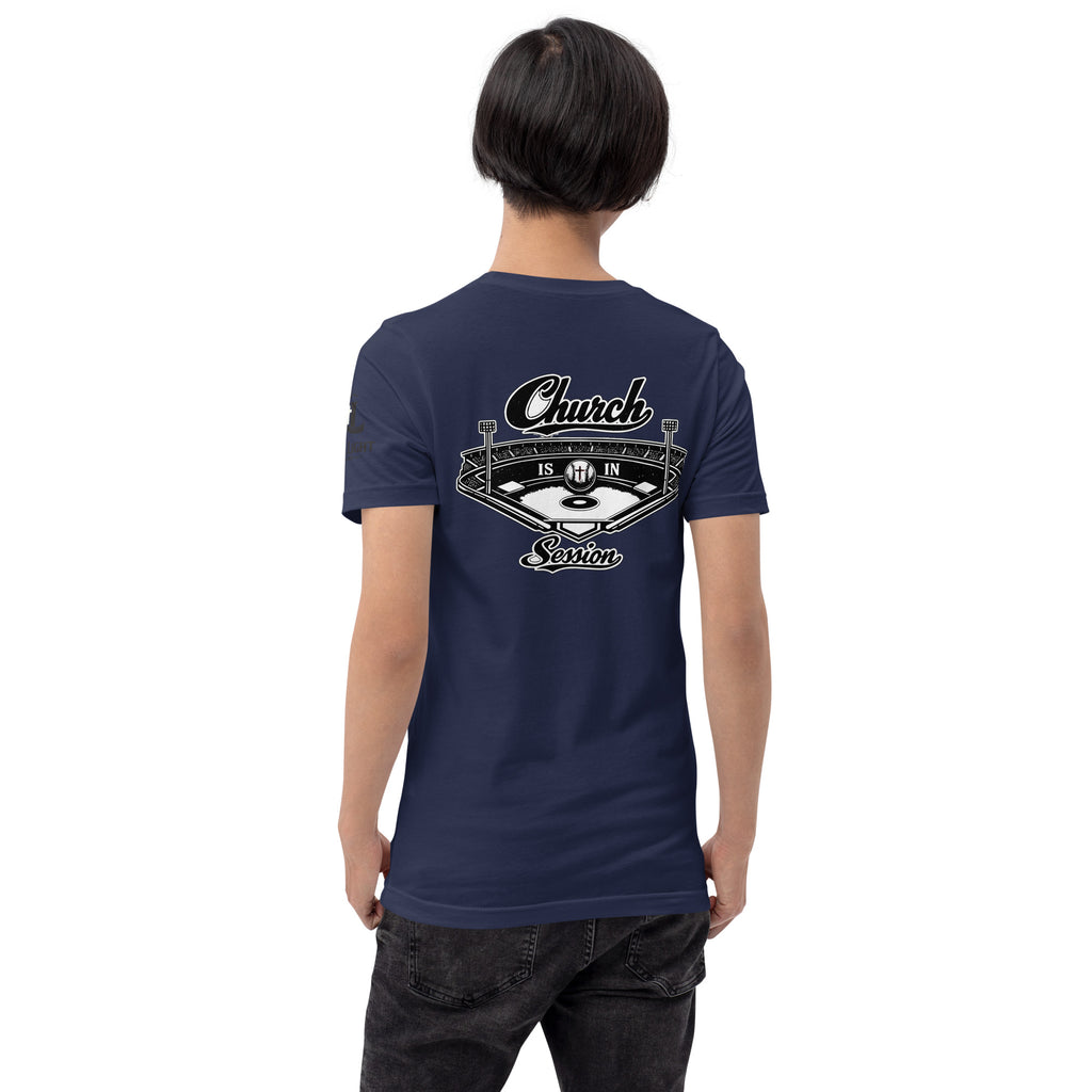 Church Is in Session Baseball II Dark | 1 Corinthians 9:25 – KJV Faith Unisex T-Shirt - KJV Word & Light Threads