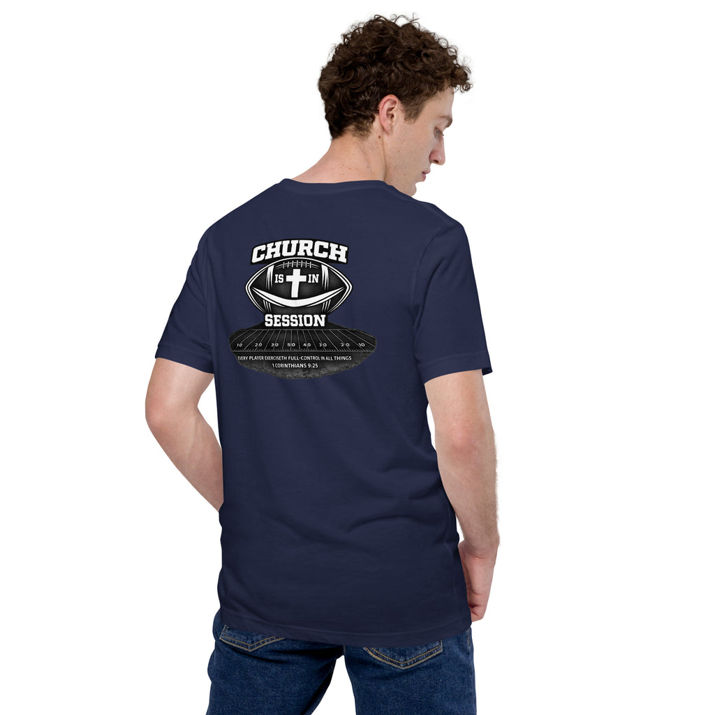 Church Is in Session Full Football Dark | 1 Corinthians 9:25 – KJV Faith Unisex T-Shirt - KJV Word & Light Threads