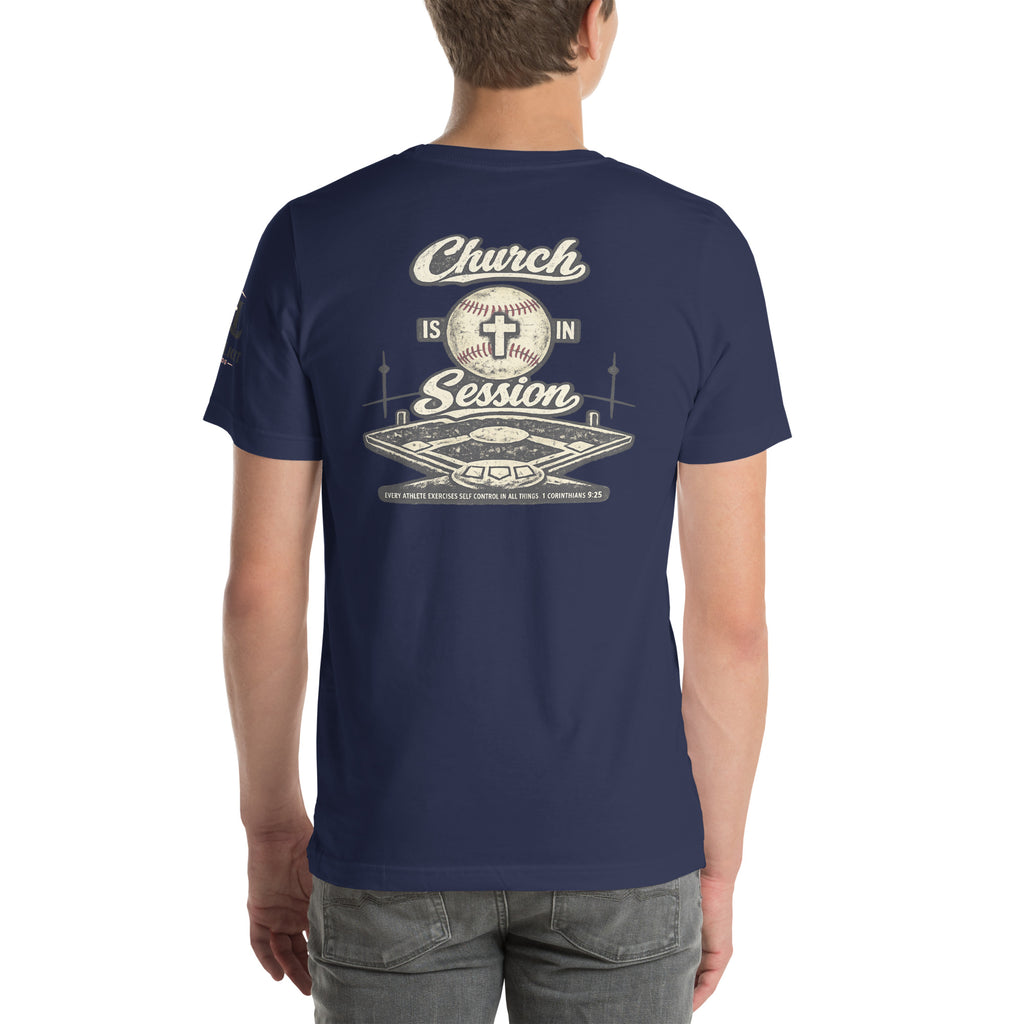 Church Is in Session Baseball Dark | 1 Corinthians 9:25 – KJV Faith Unisex T-Shirt - KJV Word & Light Threads