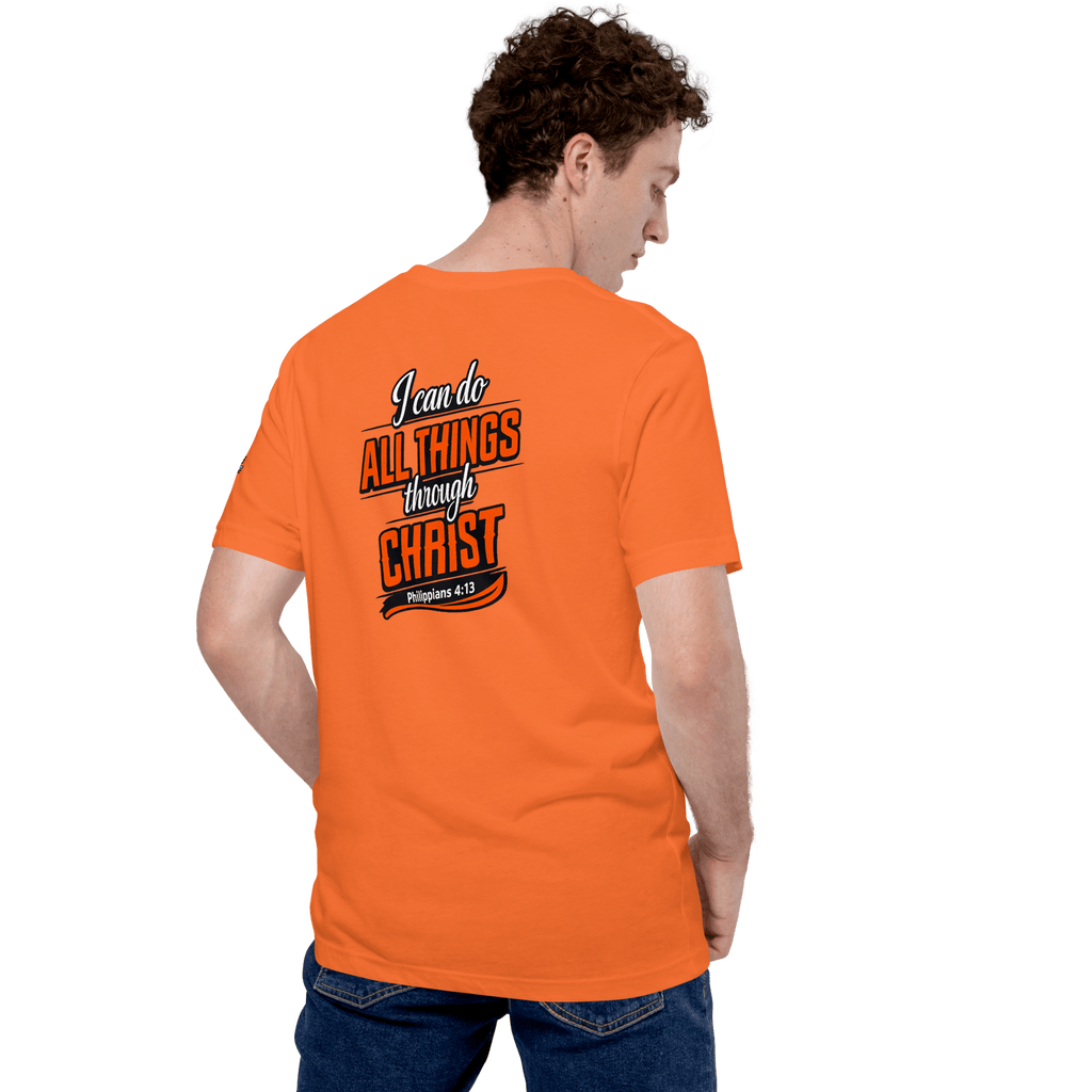 I Can Do All Things Through Christ Which Strengtheneth Me – Philippians 4:13 KJV Christian Unisex T-Shirt | White & Orange - KJV Word & Light Threads