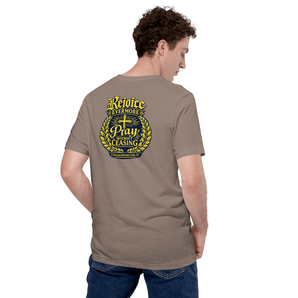 Rejoice Evermore / Pray Without Ceasing Navy Blue & Yellow | 1 Thessalonians 5:16-17 – KJV Faith Unisex T-Shirt - KJV Word & Light Threads