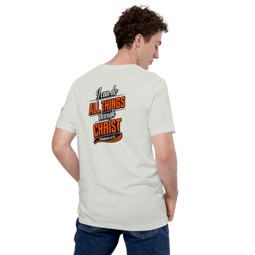 I Can Do All Things Through Christ Which Strengtheneth Me – Philippians 4:13 KJV Christian Unisex T-Shirt | White & Orange - KJV Word & Light Threads