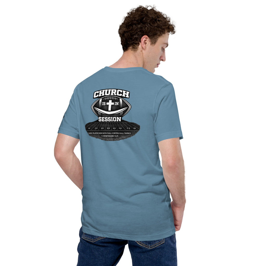 Church Is in Session Full Football Dark | 1 Corinthians 9:25 – KJV Faith Unisex T-Shirt - KJV Word & Light Threads
