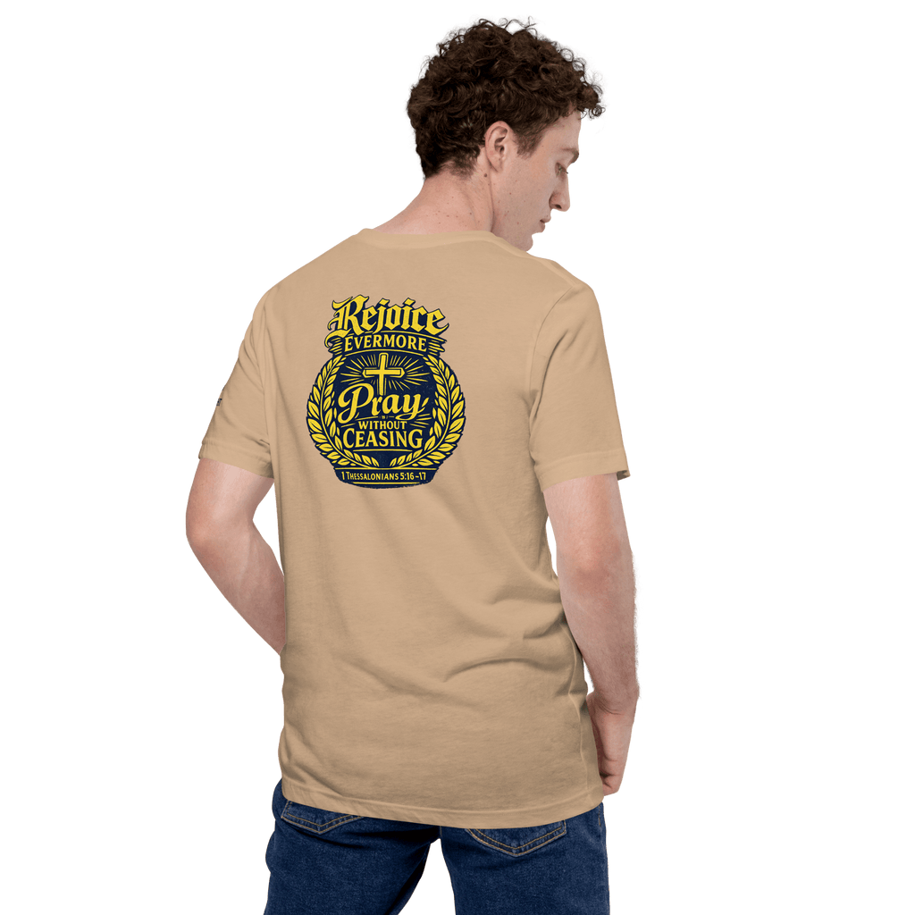 Rejoice Evermore / Pray Without Ceasing Navy Blue & Yellow | 1 Thessalonians 5:16-17 – KJV Faith Unisex T-Shirt - KJV Word & Light Threads