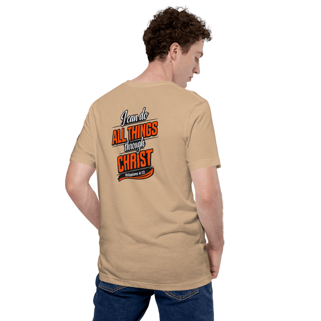 I Can Do All Things Through Christ Which Strengtheneth Me – Philippians 4:13 KJV Christian Unisex T-Shirt | White & Orange - KJV Word & Light Threads