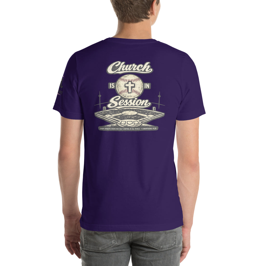 Church Is in Session Baseball Dark | 1 Corinthians 9:25 – KJV Faith Unisex T-Shirt - KJV Word & Light Threads