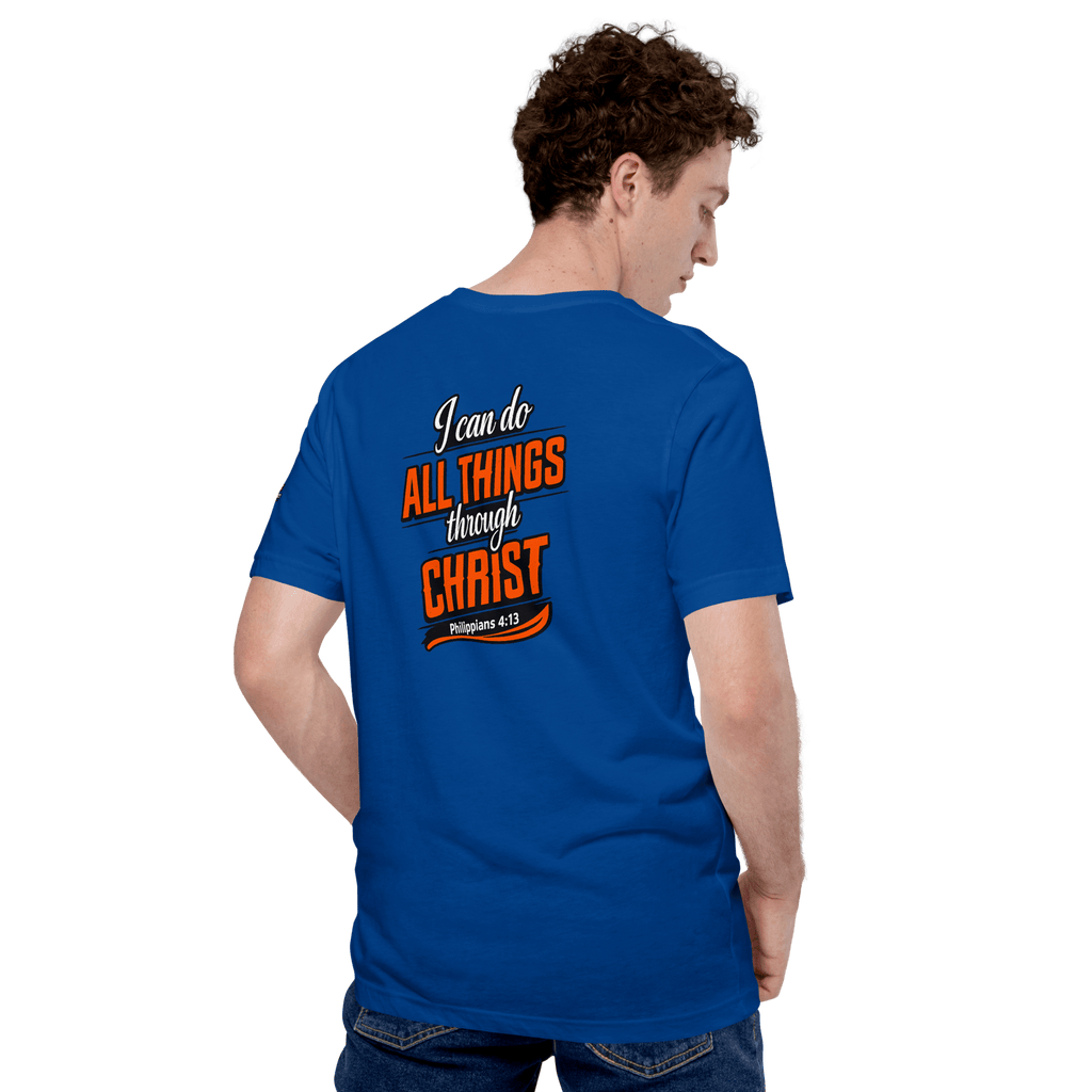 I Can Do All Things Through Christ Which Strengtheneth Me – Philippians 4:13 KJV Christian Unisex T-Shirt | White & Orange - KJV Word & Light Threads