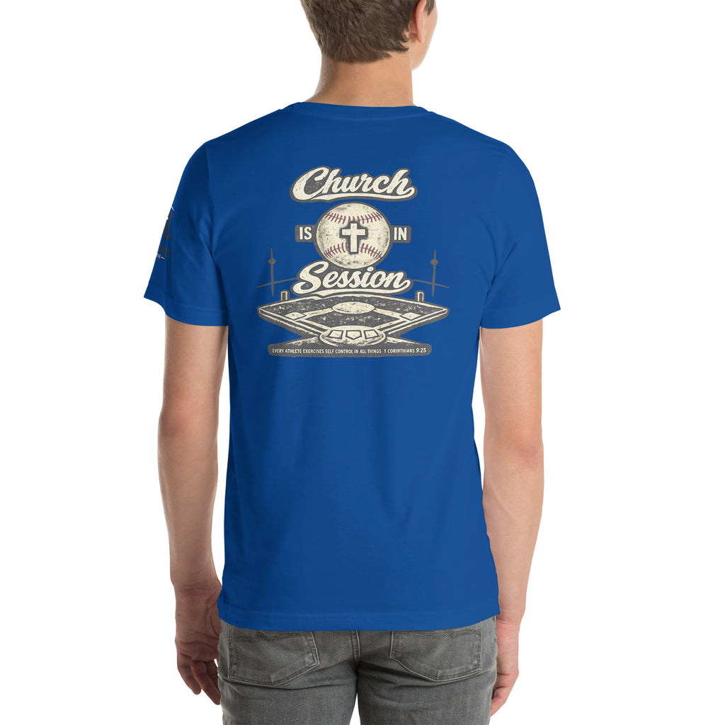 Church Is in Session Baseball Dark | 1 Corinthians 9:25 – KJV Faith Unisex T-Shirt - KJV Word & Light Threads