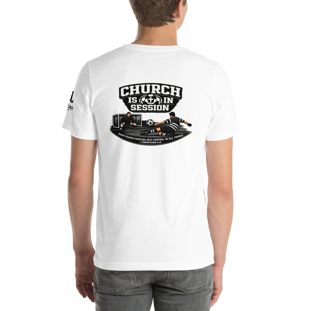 Church Is in Session Soccer Bright | 1 Corinthians 9:25 – KJV Faith Unisex T-Shirt - KJV Word & Light Threads