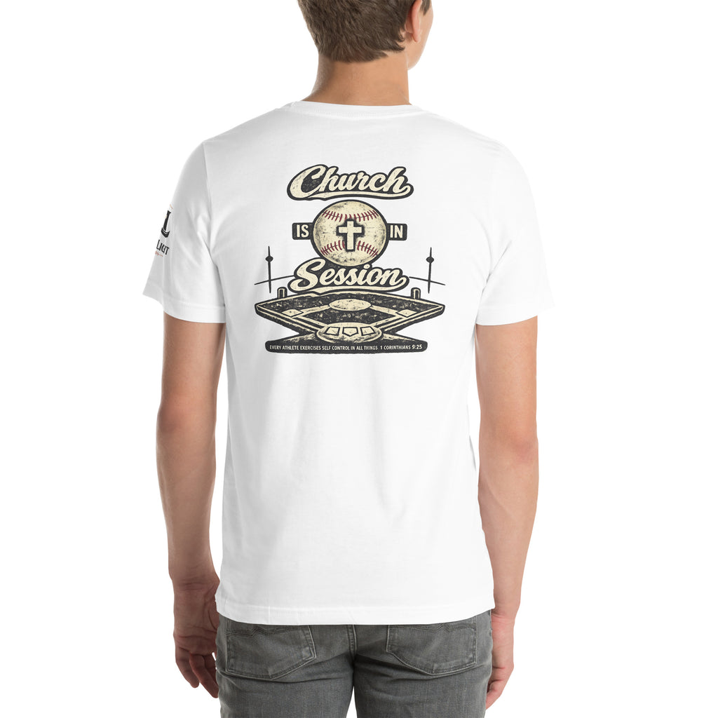Church Is in Session Baseball Dark | 1 Corinthians 9:25 – KJV Faith Unisex T-Shirt - KJV Word & Light Threads